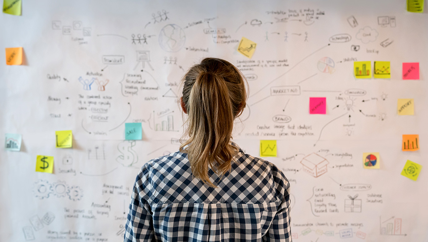 Woman looking at whiteboard full of ideas